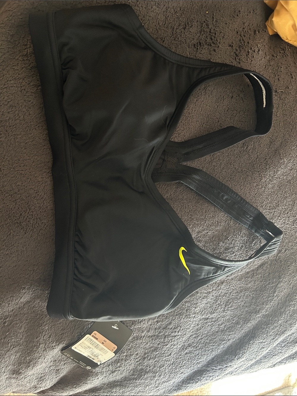 Nike Women's Black Swim Sports Bra with Yellow Swoosh